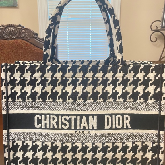 CHRISTIAN DIOR Canvas Macro Houndstooth Embroidered Medium Book Tote Black White - Picture 2 of 7